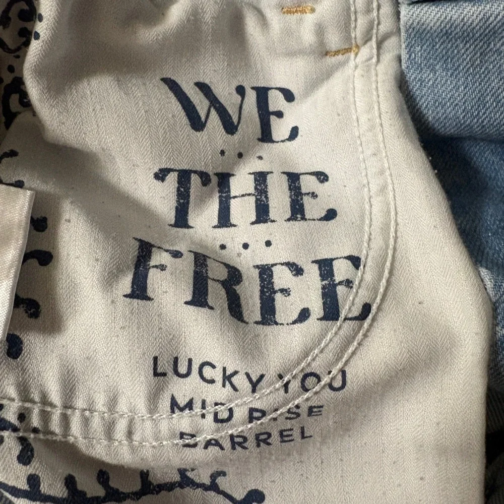 Free People Womens 26 Lucky You Mid Rise Barrel Jeans Light Wash Blue Splatter